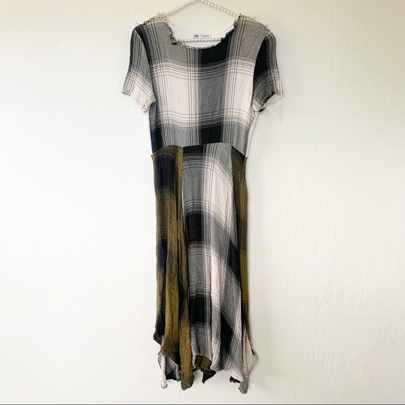 Zara Plaid Patchwork Handkerchief Hem Midi Dress - Picture 5 of 11